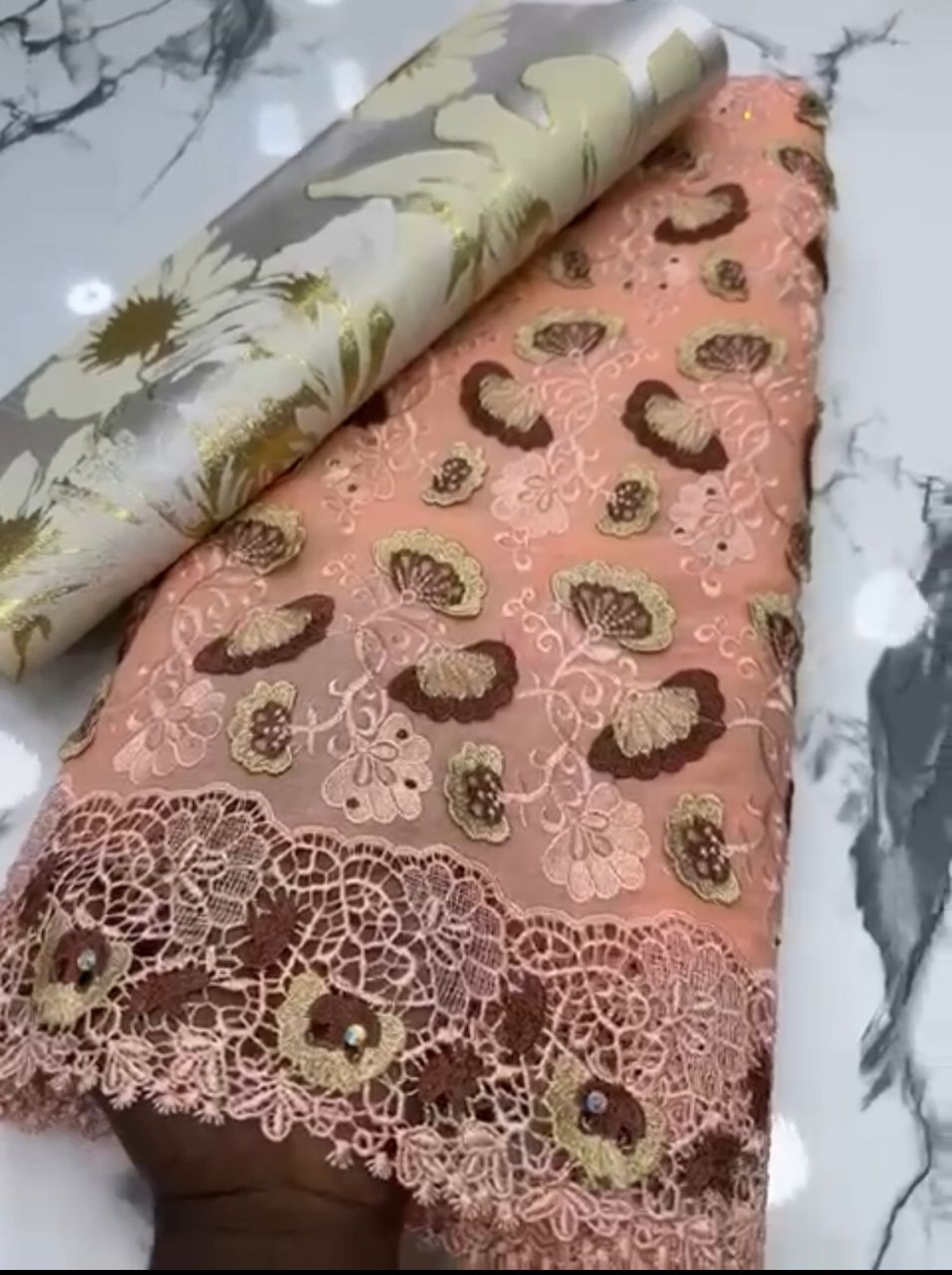 Peach Lace with Gold Damask