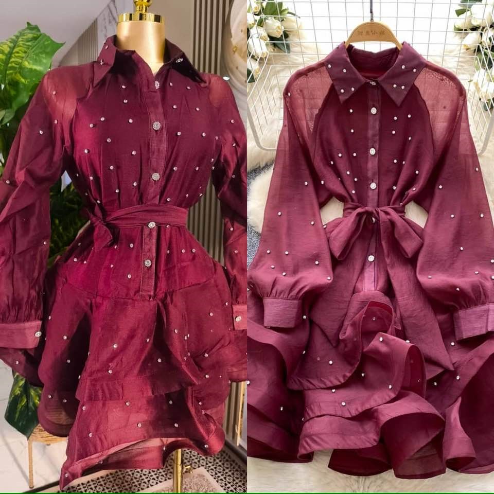 Burgundy Pearl Adorned Ruffle Shirt Dress