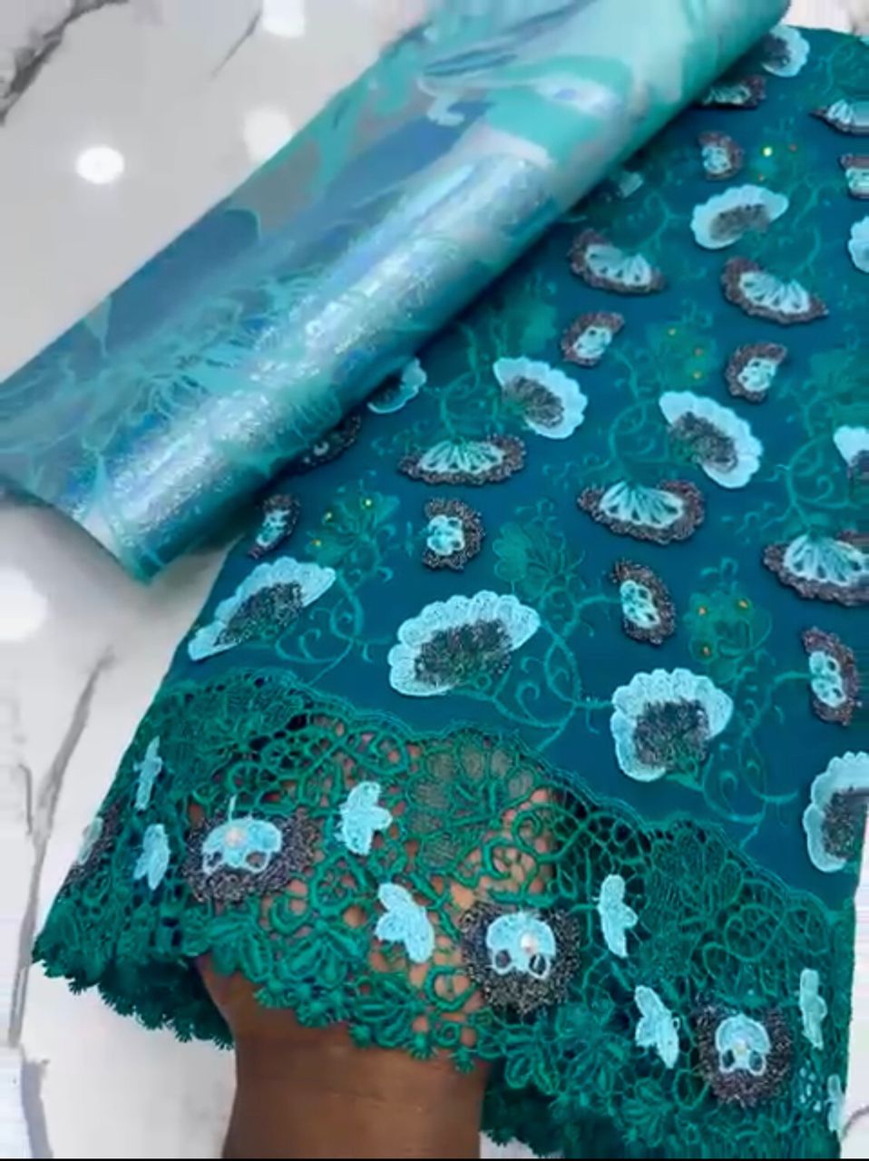 Teal Green Lace with Matching Damask