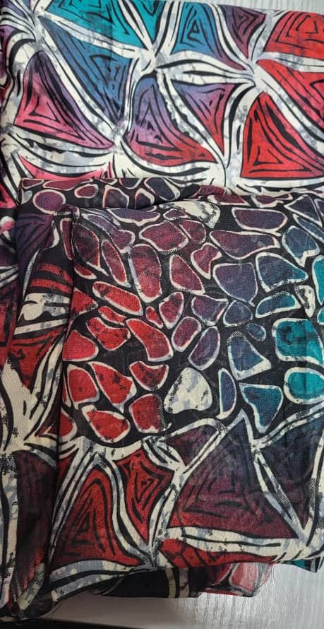 Red and Green Patterned Silk and Chiffon Fabric