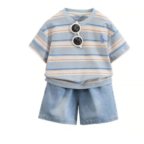 Boys Striped Short-Sleeve Shirt with Logo and Light Blue Denim Shorts 2pcs
