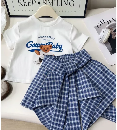 Girls White Teddy Print T-Shirt with Blue Plaid Handkerchief Skirt 2pcs