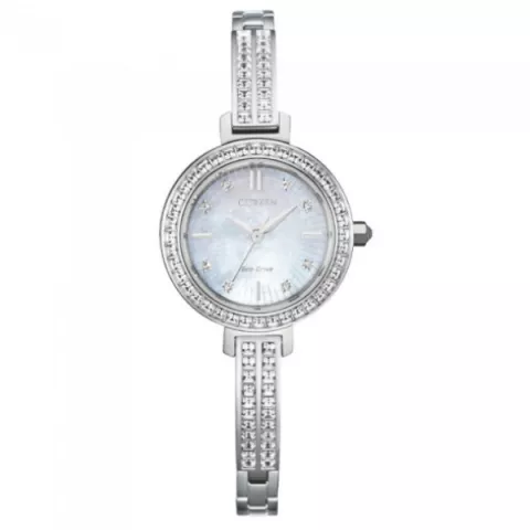 Ladies’ Citizen Eco-Drive Silhouette Crystal Accent Bangle Watch with Mother-of-Pearl Dial