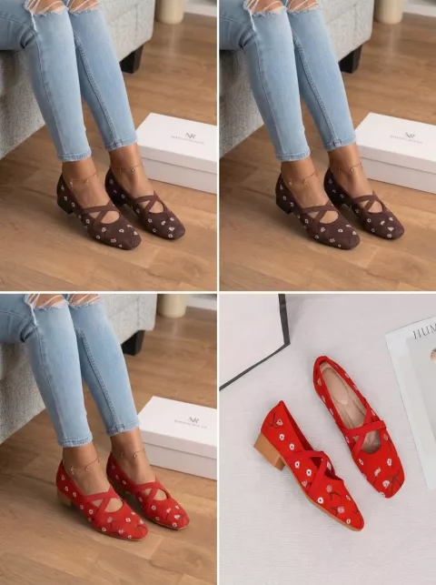 Women's Suede Ballerina Flats with Flower Embroidery & Elastic Straps