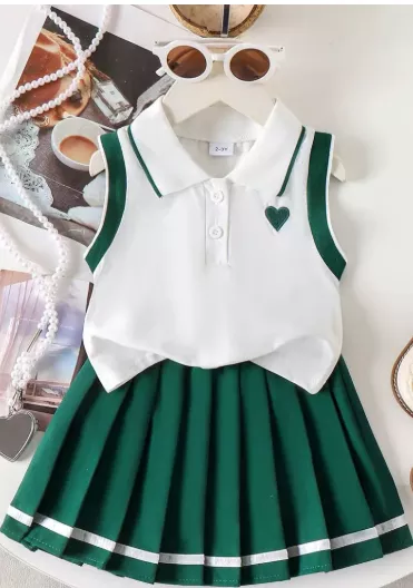 Independence Girls Green Pleated Skirt Outfit Set with White Sleeveless Top