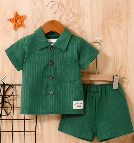 Green Short Sleeve Shirt and Shorts Set for Boys 2pcs