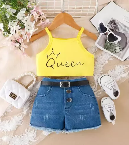 Toddler Girl Sleeveless Top My Queen With Denim Short, Bum Short