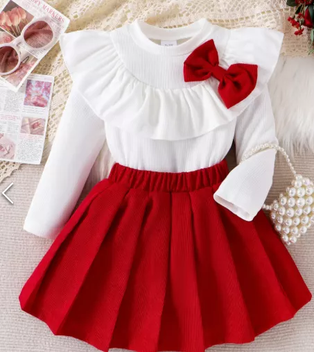 Toddlers And Kids Girls Red Bow Top and Pleated Skirt 2pcs